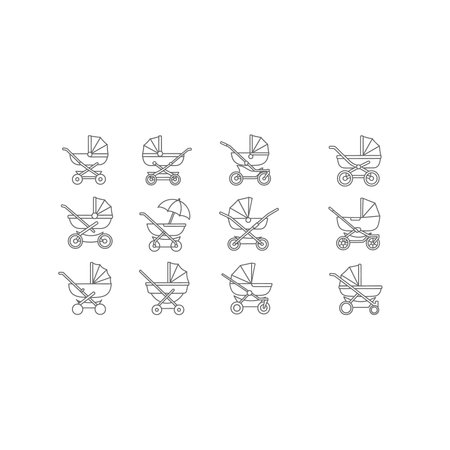 Set of twelve simple black outline icons featuring various models of baby strollers and carriages...