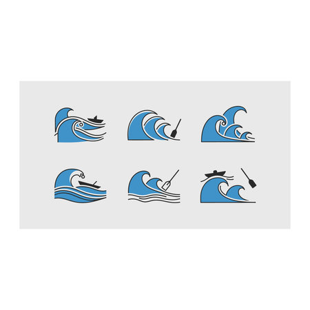 A set of six unique illustrations capturing the dynamic movement and power of ocean waves, rendered...