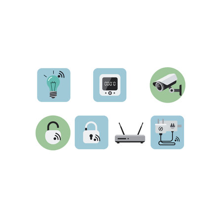 Collection of smart home pixel art icons including security camera, smart lock, and wifi router on...