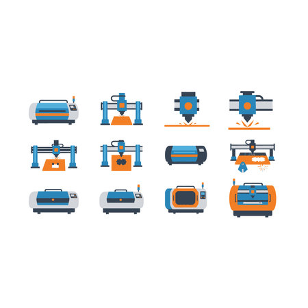 A set of flat design icons illustrating various laser cutting machines, CNC routers, and related...
