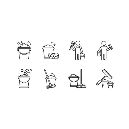 A set of eight simple line icons illustrating essential cleaning tasks, including buckets with bubbles, mops, squeegees, and cleaning personnel.のイラスト素材