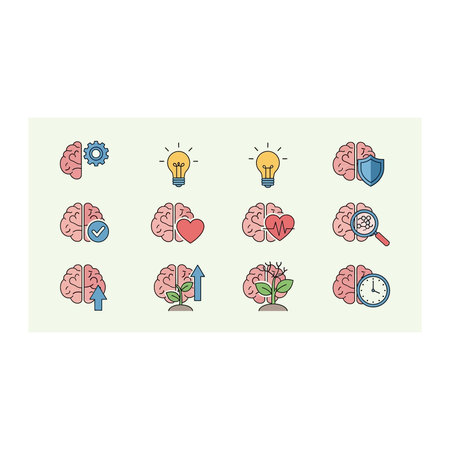 A vibrant collection of pixel art brain icons representing concepts like intelligence, ideas,...