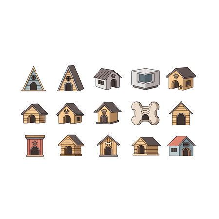 A delightful vector collection of various dog houses and pet kennels, featuring different shapes, sizes, and a dog bone element.のイラスト素材