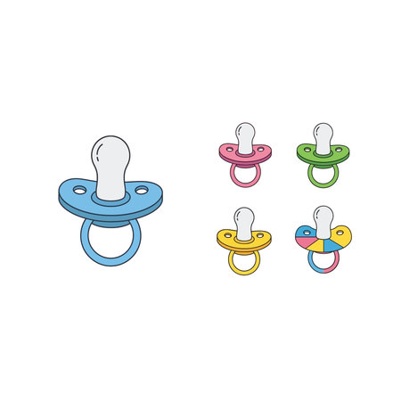 A set of five different colored baby pacifiers including blue, pink, green, and yellow designs for...