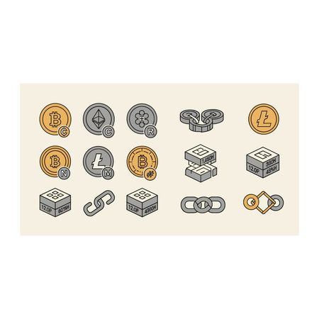 A collection of modern icons representing various digital currencies like bitcoin, ethereum, and...