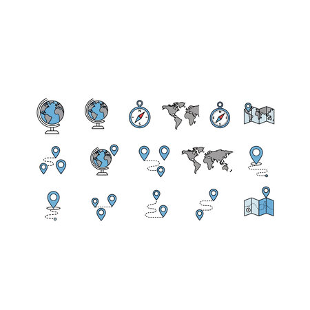 Comprehensive set of navigation icons featuring world maps, globes, compasses, and various location pin markers.のイラスト素材