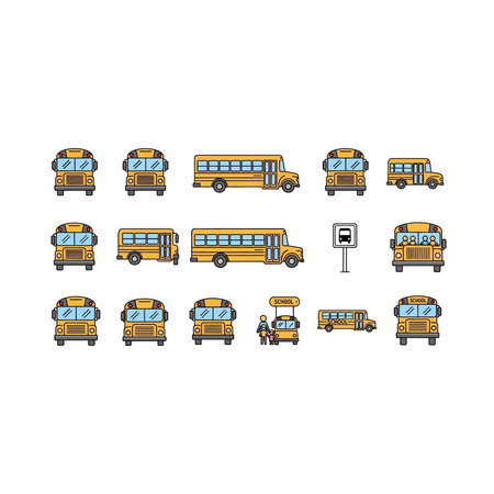 Detailed flat vector set of yellow school buses from various perspectives including front and side...