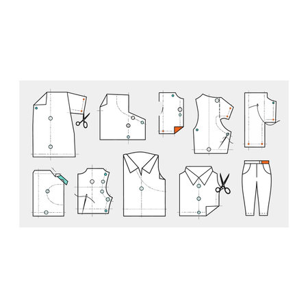 A set of vector flat design icons illustrating various clothing patterns, complete with sewing...