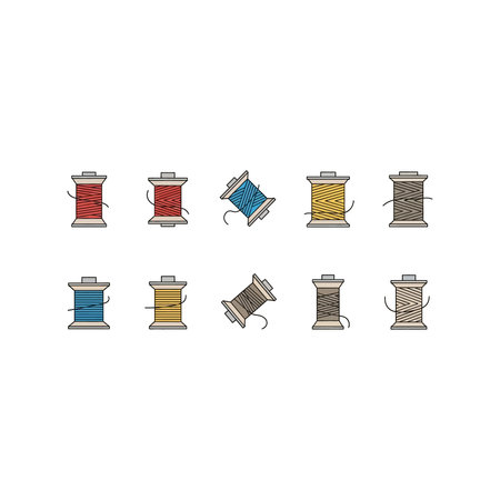 A collection of ten spools of thread in different colors and styles, representing crafting and...