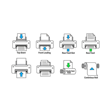 A set of instructional icons illustrating different ways to load and eject paper from a printer,...