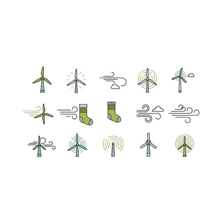 A diverse collection of fifteen vector icons featuring wind turbines, wind symbols, and...