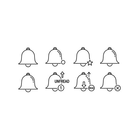 A set of simple outline bell icons depicting various notification states like unread messages, starred alerts, downloads, and deletions for modern UI/UX design.のイラスト素材