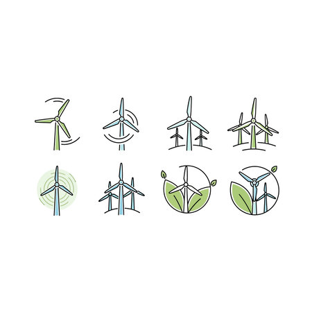 A collection of stylized wind turbine icons and logos, representing clean energy, renewable power,...