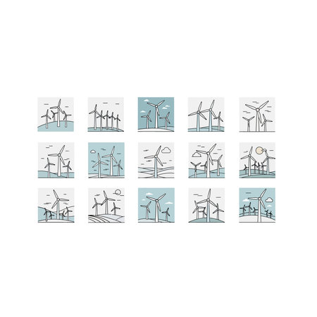 A comprehensive vector collection illustrating various scenes and concepts related to wind power and...