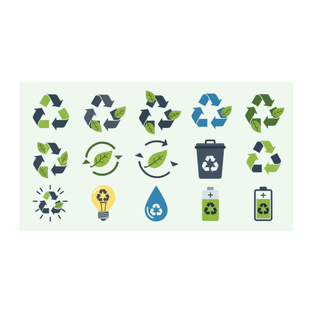 Professional flat design icons focusing on renewable energy, recycling bins, and ecological...