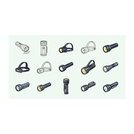 a blurry image showing a variety of flashlights and headlamps in different styles and designs,...