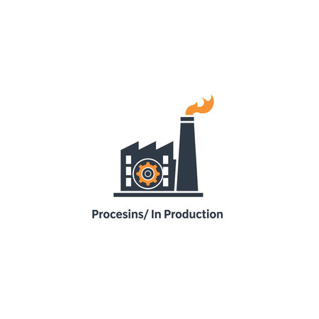 a simple icon of a factory with a chimney emitting smoke and a gear in the middle