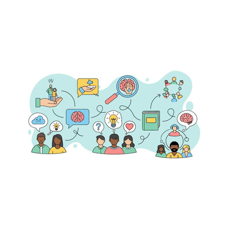 a blurry infographic with various illustrations of people and objects, including a computer, a book,...