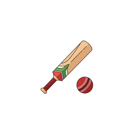 an illustration of a cricket bat and ball on a plain white background, the bat is angled with the...