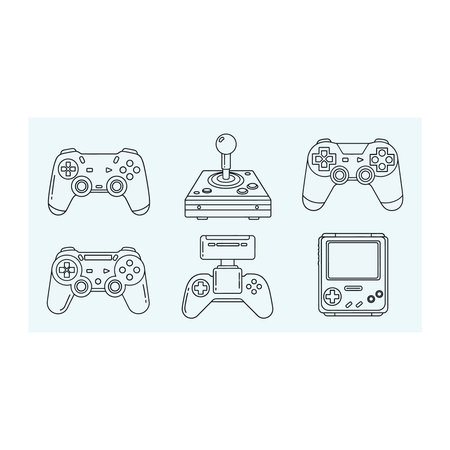a set of six different gaming controllers and devices, including gamepads and consoles, drawn in a simple line art style on a light blue backgroundのイラスト素材