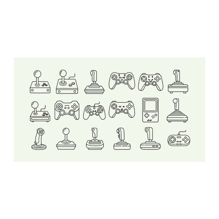 a black and white image containing a variety of icons related to gaming and computer technology,...