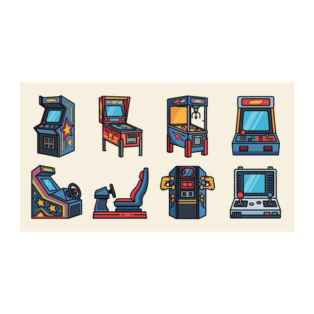 a pixel art illustration of eight different vintage arcade machines in various styles and colorsのイラスト素材