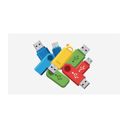 a blurry image of a group of usb flash drives in different colors including blue, yellow, green, and...