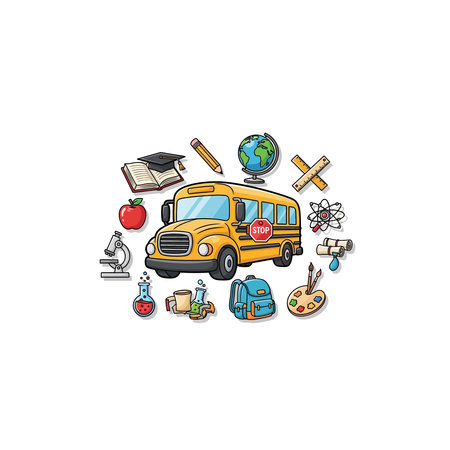 a blurry image of a yellow school bus surrounded by various school supplies and icons, including a...