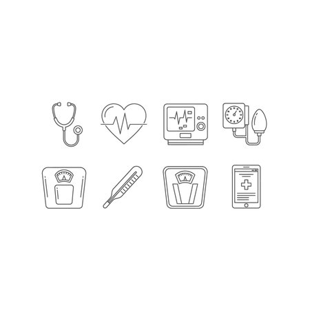 A collection of medical icons and symbols, including a stethoscope, heart rate, computer, clock, scale, pen, beaker, and a mobile phone, likely used for a medical or healthcare website or application.のイラスト素材