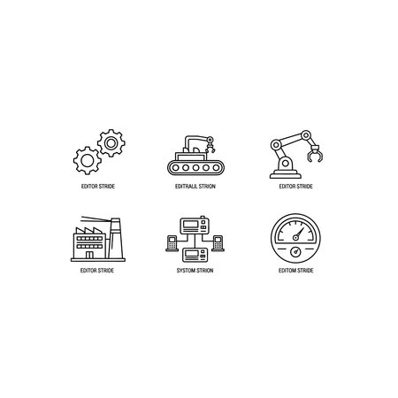 a black and white image containing six icons representing industrial and robotic concepts including gears, a tank, a robotic arm, a machine, a computer system, and a robotic faceのイラスト素材