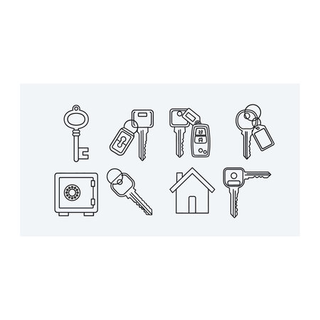 a black and white image of various keys and a house with a safe. the keys are different shapes and sizes. there are 8 keys in total. the house is a simple drawing with a triangular roof and a door. the safe has a combination lock on the front.のイラスト素材