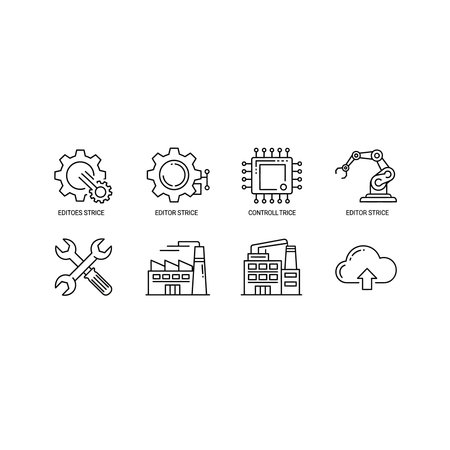 a black and white image featuring eight icons arranged in two rows, depicting various industrial and technological concepts including gears, microchip, robotic arm, wrench, factory, server, and cloud storageのイラスト素材