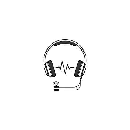 a simple black and white image of a headset with a microphone, with a heartbeat line in the middle, on a plain white backgroundのイラスト素材