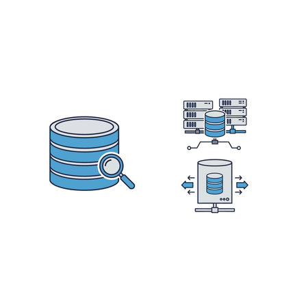 A pair of vector icons representing database concepts, including searching and analyzing data within...