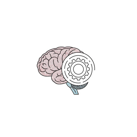 A simple outline illustration of a human brain with an overlaid gear icon, symbolizing thinking...