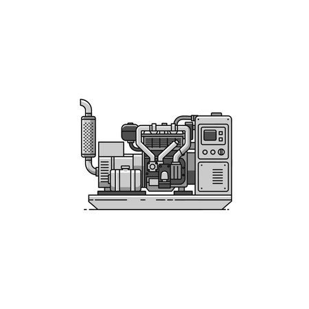 A clean, stylized illustration of a backup generator unit used for emergency electrical supply in...