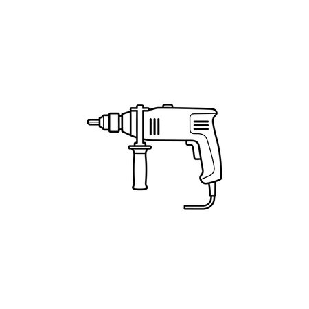 A profile view line drawing of an electric power drill, perfect for instruction manuals, construction icons, and DIY guides.のイラスト素材