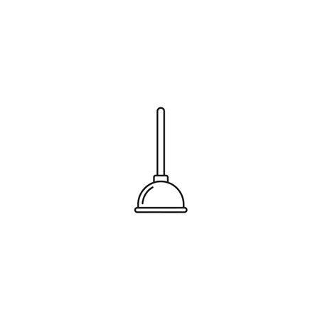 Minimalist black and white line art illustration of a classic rubber plunger with a wooden handle, isolated on a white background.のイラスト素材