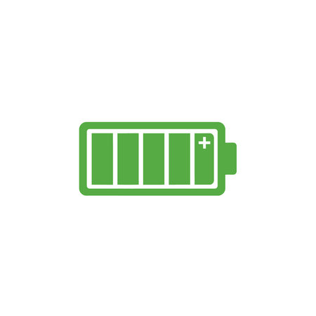 A simple icon showing a battery with multiple green bars indicating a high charge level,...