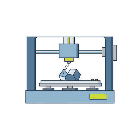 A flat design illustration of a 3D printer actively creating geometric objects, representing...