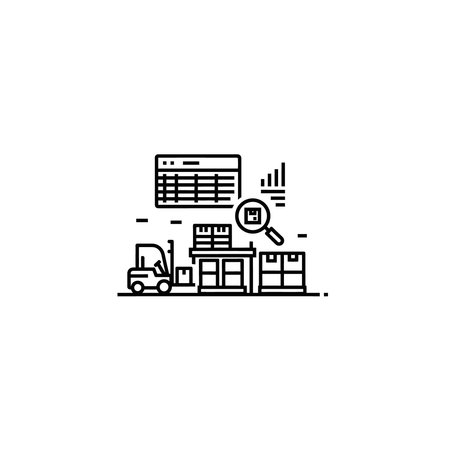 An icon illustrating warehouse operations including a forklift, shelves with boxes, and a chart with a magnifying glass, representing logistics and analytics.のイラスト素材