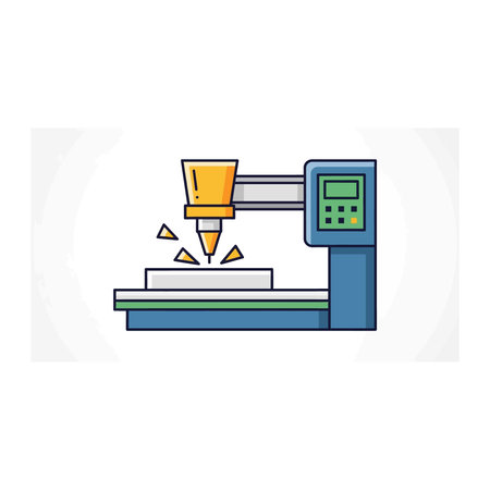 A stylized illustration of an engraving machine precisely cutting geometric shapes, representing...