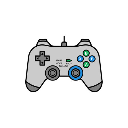 A detailed illustration of a modern video game controller in gray, featuring directional pads,...