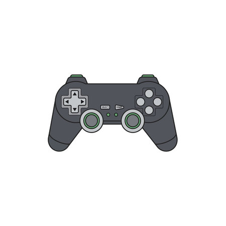 An illustration of a dark gray video game controller with green highlights on the analog sticks and...