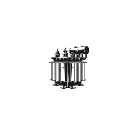 A high-contrast graphic representation of a large industrial transformer used in the electrical...
