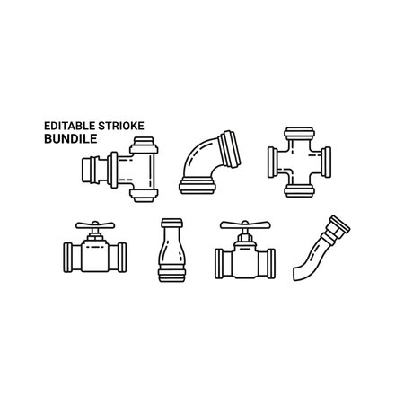 this image shows a variety of pipe fittings and valves including elbows tees couplings valves and adapters all depicted in a simple line drawing styleのイラスト素材