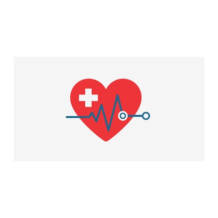 A vibrant vector icon depicting a red heart with a medical cross and a continuous heartbeat line,...