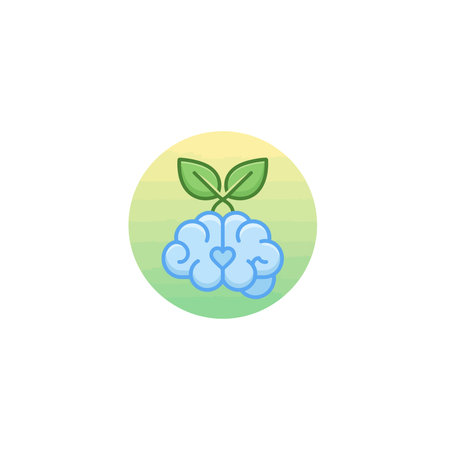 A cheerful vector icon depicting a brain sprouting green leaves, symbolizing mental health, intelligence, growth, and natural cognitive development.のイラスト素材