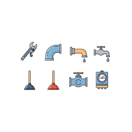 An expanded collection of essential plumbing tools and fixtures, including wrenches, various pipes, faucets, plungers, valves, and a water heater icon.のイラスト素材
