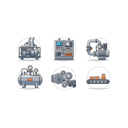 A set of six flat design vector icons representing various industrial elements, including manufacturing plants, control panels, and conveyor belts, perfect for engineering and production themes.のイラスト素材